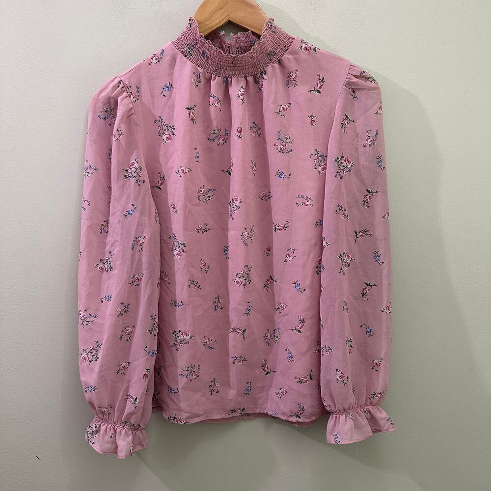 1.state Pink Smocked Mock Neck Puff Sleeve Boho Blouse Top S Cottage Core